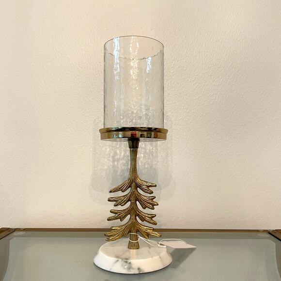 Glass Hurricane w/ Marble Base 14" Gold Metal Christmas Tree Made in India NEW - Picture 1 of 8